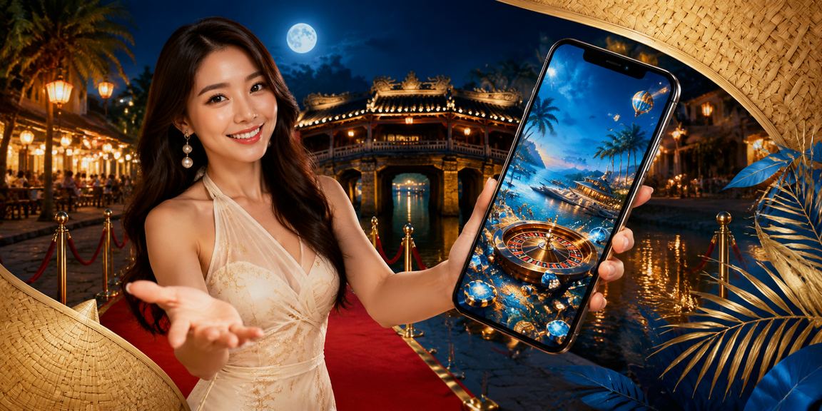 Người dùng trải nghiệm casino trên ứng dụng di động tại Hội An với áo dài truyền thống